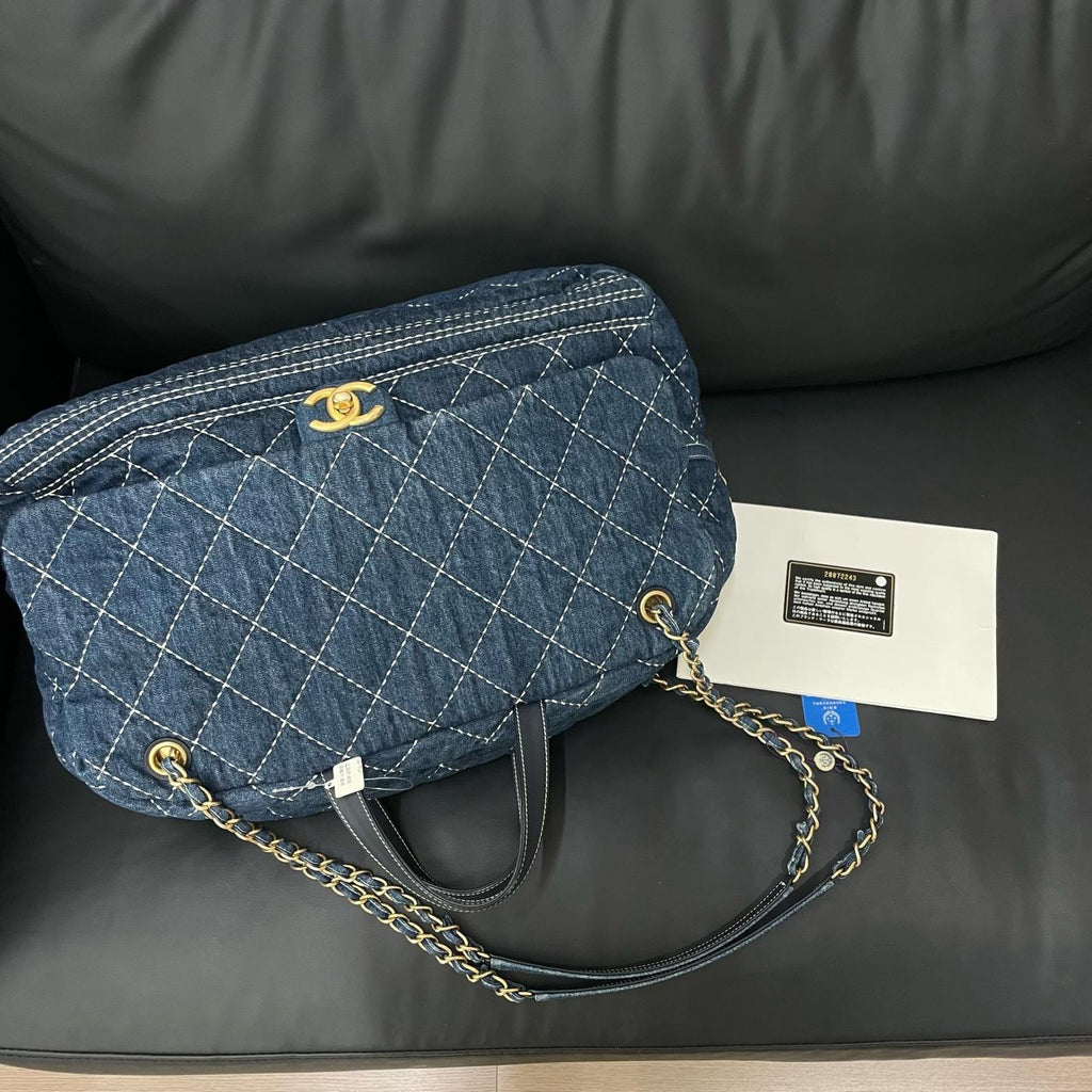 【Chanel】Chanel Blue Denim Bowling Bag with Contrast Exterior Stitching, Gold-Tone Hardware-7210053