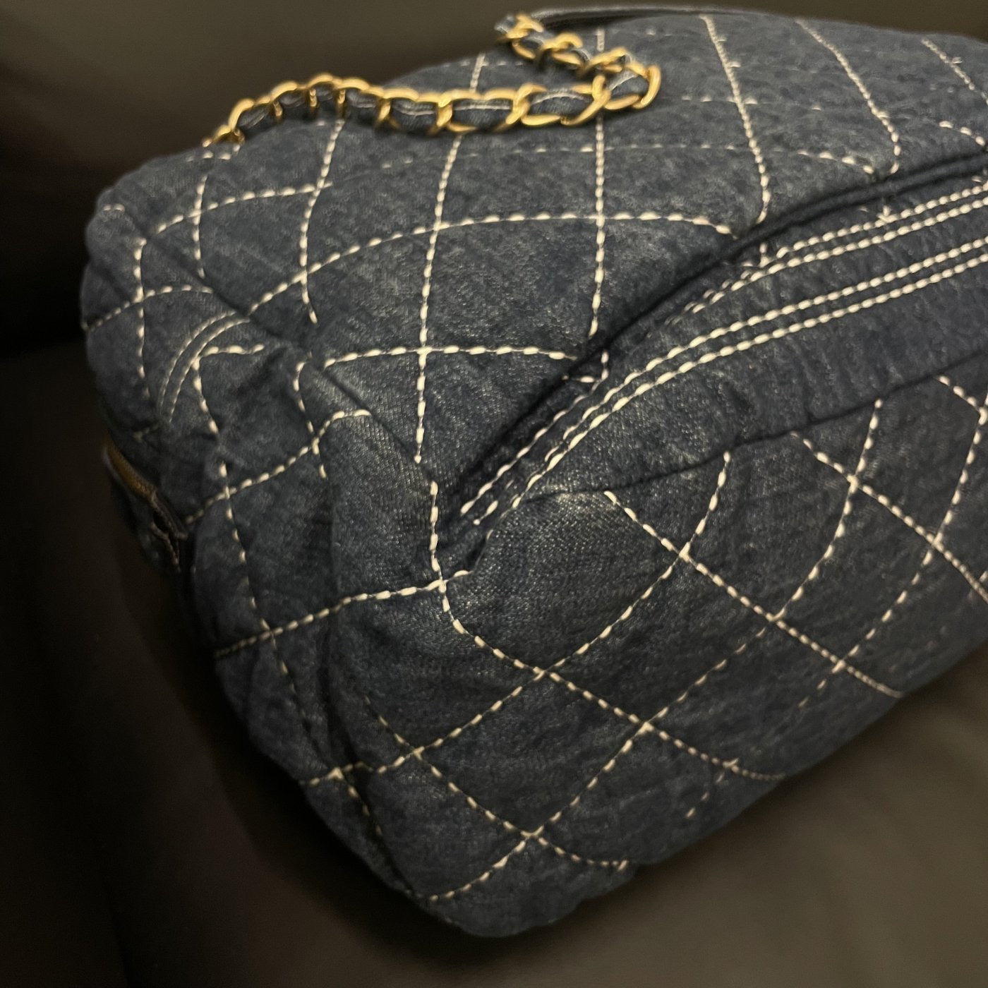 【Chanel】Chanel Blue Denim Bowling Bag with Contrast Exterior Stitching, Gold-Tone Hardware-7210053