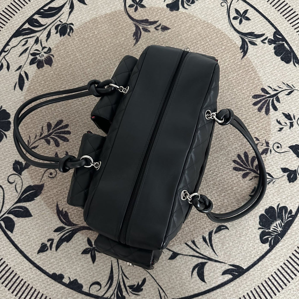 【Chanel】Chanel Black Cambon Line Moto Bowling Bag, Black Lambskin, Silver-Tone Hardware-7216084A