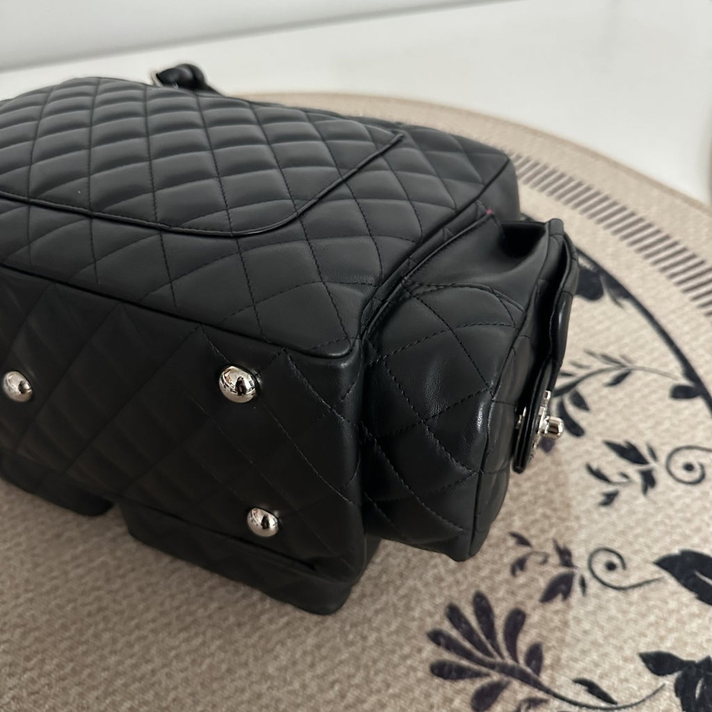 【Chanel】Chanel Black Cambon Line Moto Bowling Bag, Black Lambskin, Silver-Tone Hardware-7216084A