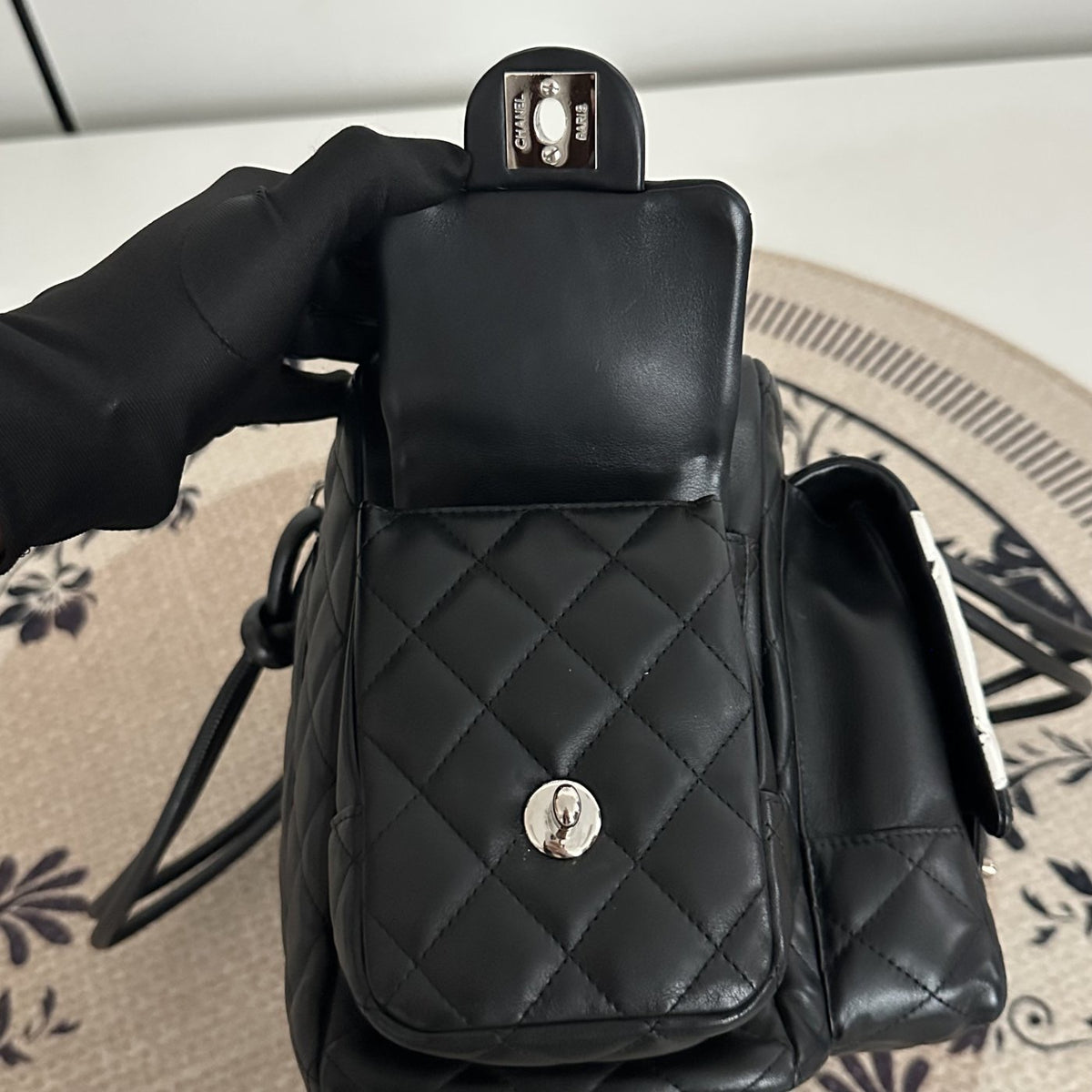 【Chanel】Chanel Black Cambon Line Moto Bowling Bag, Black Lambskin, Silver-Tone Hardware-7216084A