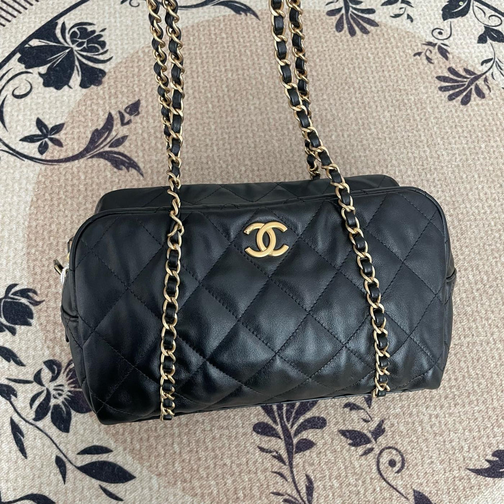 【Chanel】Chanel Bowling Bag, Calfskin & Gold-Tone Metal, Black