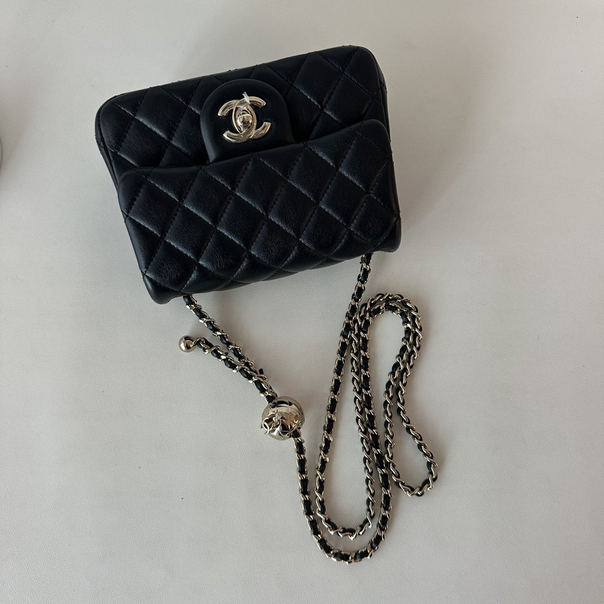 【Chanel】Chanel Black Mini Square Flap Bag with Pearl Crush Gold Ball, Gold-Tone Hardware-7215934