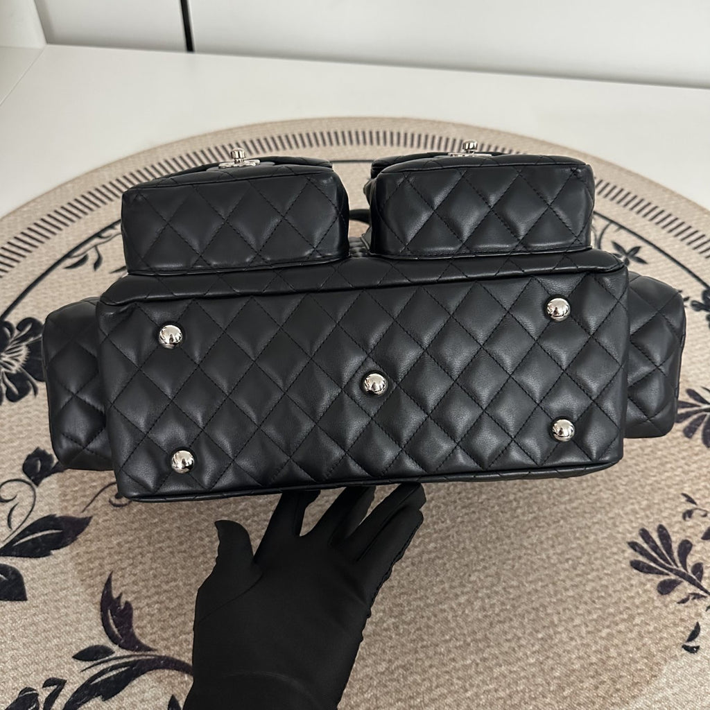 【Chanel】Chanel Black Cambon Line Moto Bowling Bag, Black Lambskin, Silver-Tone Hardware-7216084A