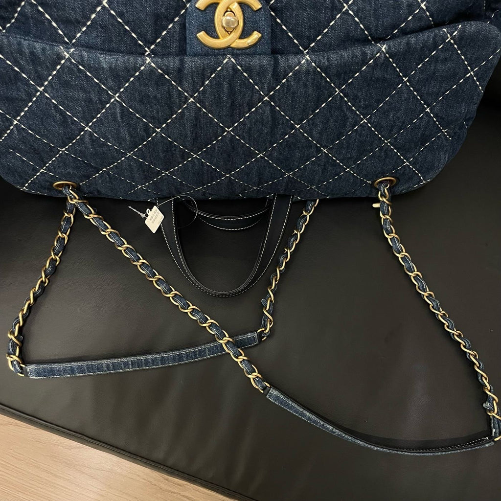 【Chanel】Chanel Blue Denim Bowling Bag with Contrast Exterior Stitching, Gold-Tone Hardware-7210053