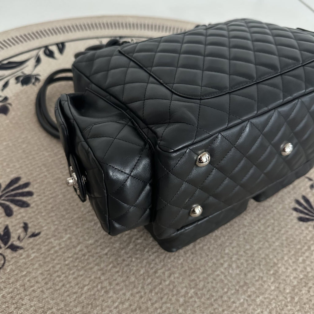【Chanel】Chanel Black Cambon Line Moto Bowling Bag, Black Lambskin, Silver-Tone Hardware-7216084A