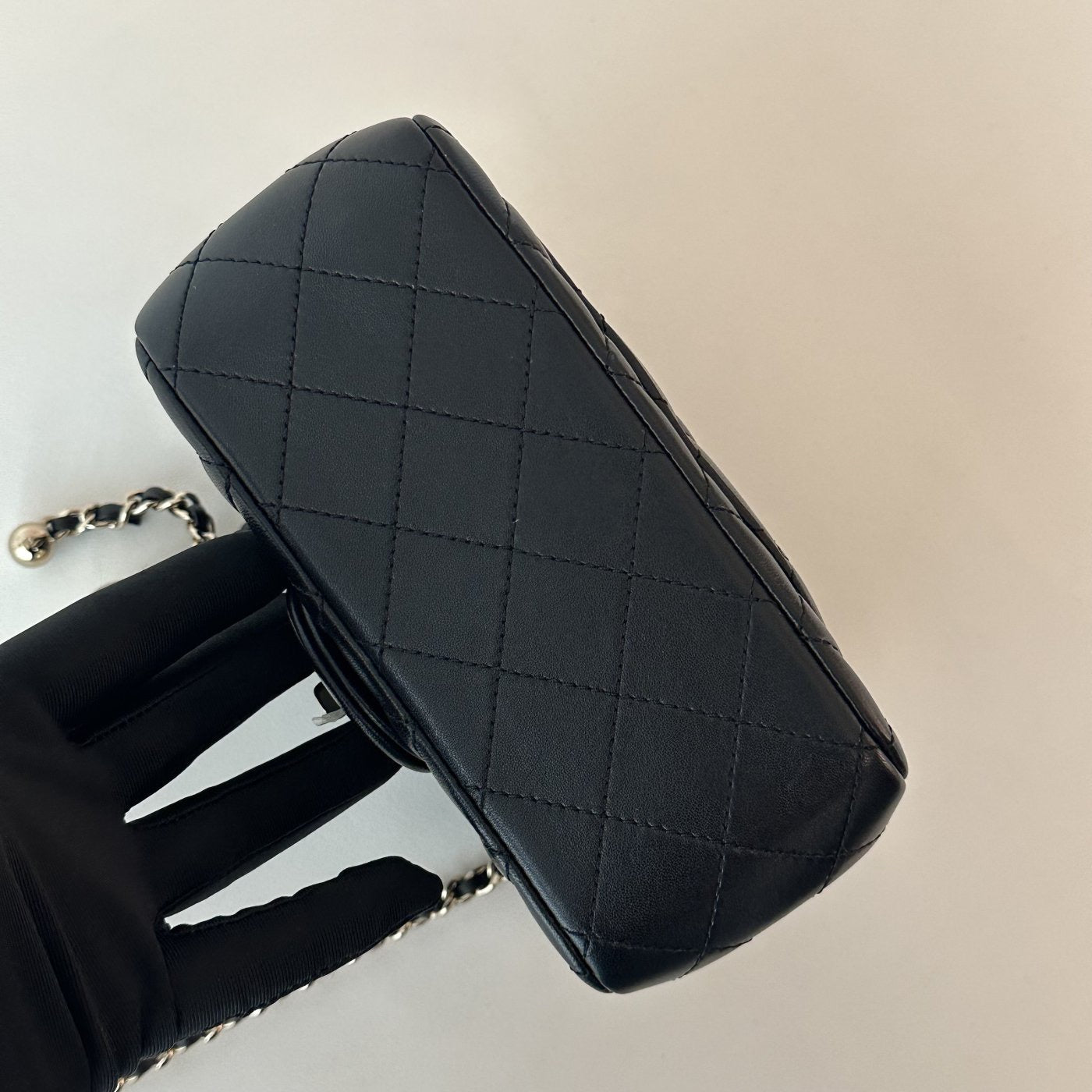 【Chanel】Chanel Black Mini Square Flap Bag with Pearl Crush Gold Ball, Gold-Tone Hardware-7215934