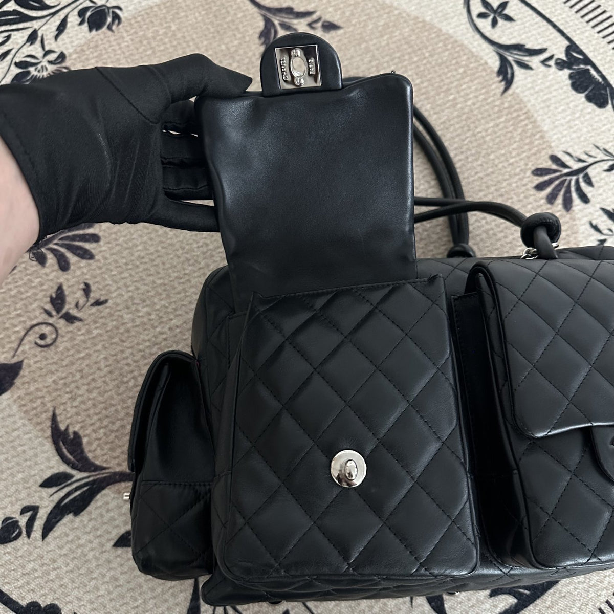 【Chanel】Chanel Black Cambon Line Moto Bowling Bag, Black Lambskin, Silver-Tone Hardware-7216084A