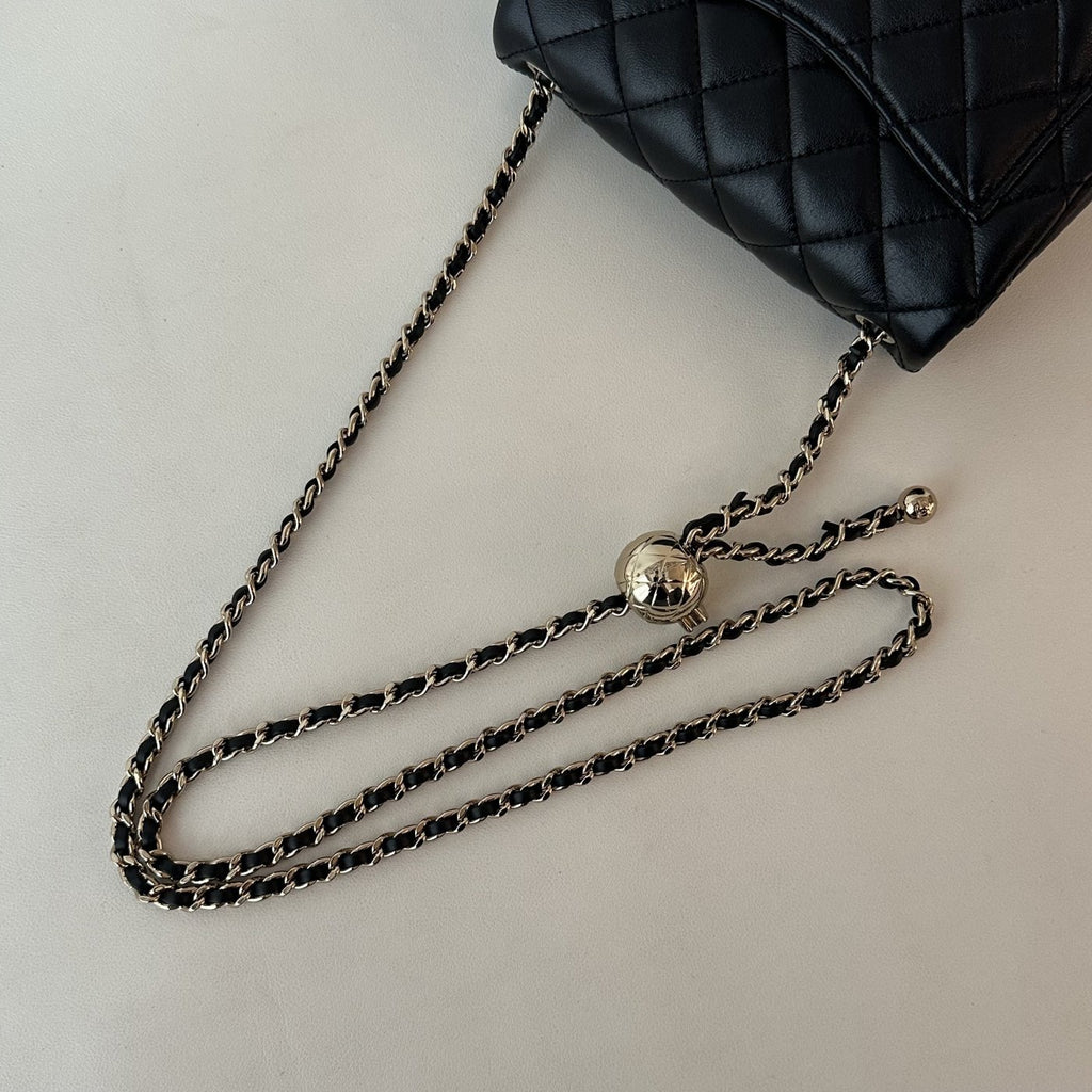【Chanel】Chanel Black Mini Square Flap Bag with Pearl Crush Gold Ball, Gold-Tone Hardware-7215934