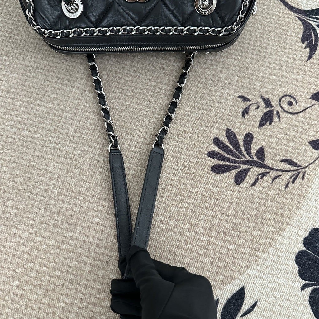 【Chanel】Chanel Black Caviar Bowling Bag with Contrast Piping, Silver-Tone Hardware-7216427