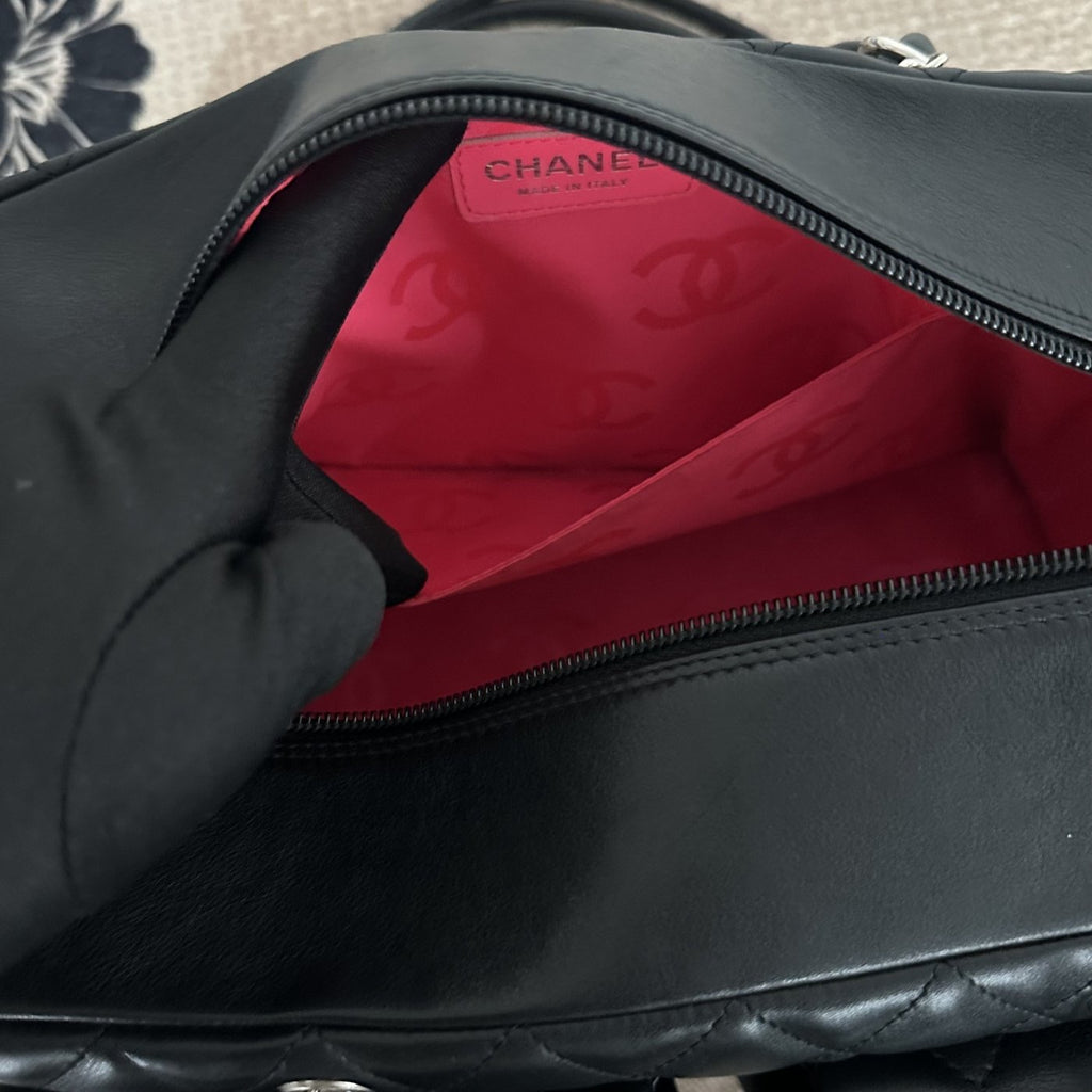 【Chanel】Chanel Black Cambon Line Moto Bowling Bag, Black Lambskin, Silver-Tone Hardware-7216084A