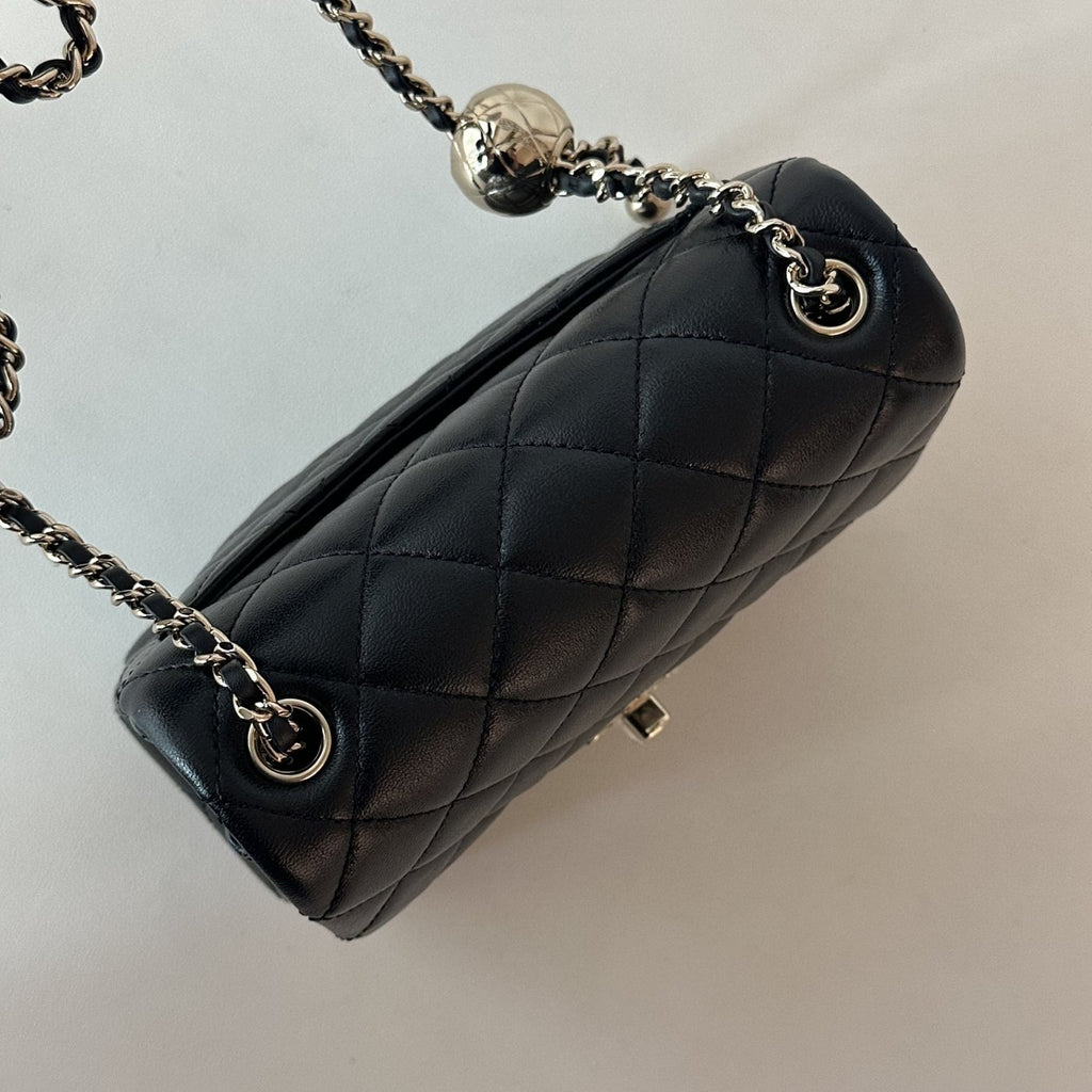 【Chanel】Chanel Black Mini Square Flap Bag with Pearl Crush Gold Ball, Gold-Tone Hardware-7215934