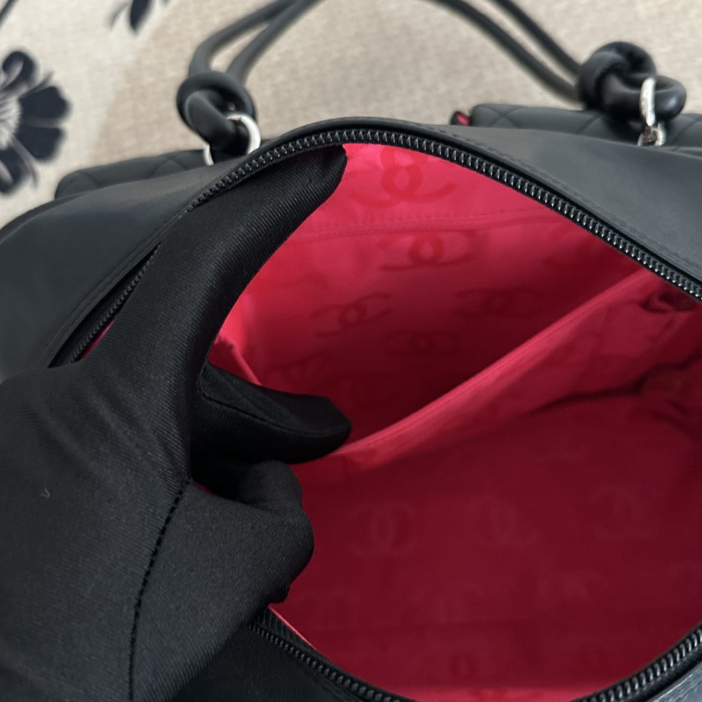 【Chanel】Chanel Black Cambon Line Moto Bowling Bag, Black Lambskin, Silver-Tone Hardware-7216084A