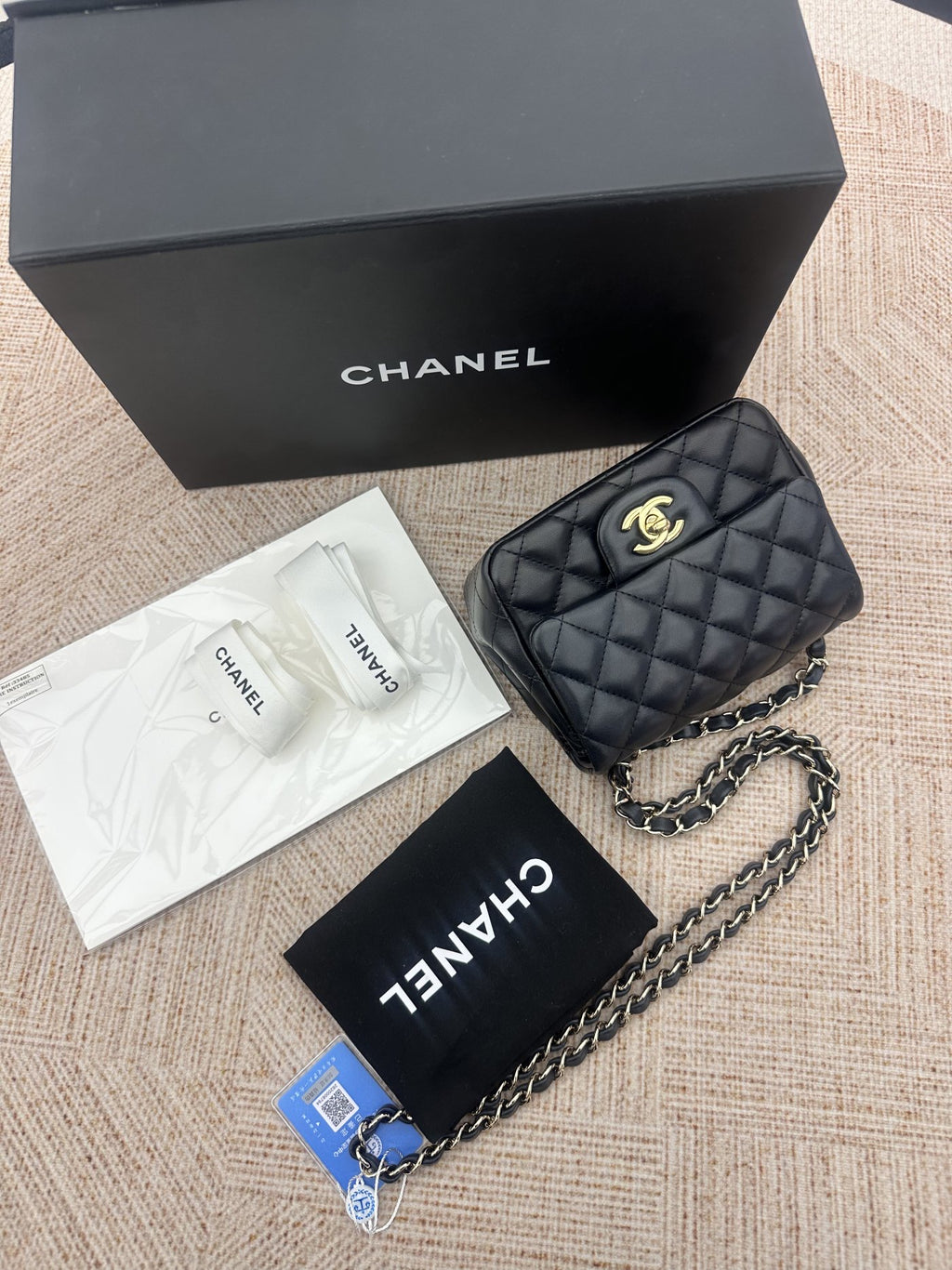 【Chanel】Chanel Black Gold Lambskin Mini Square Flap Bag