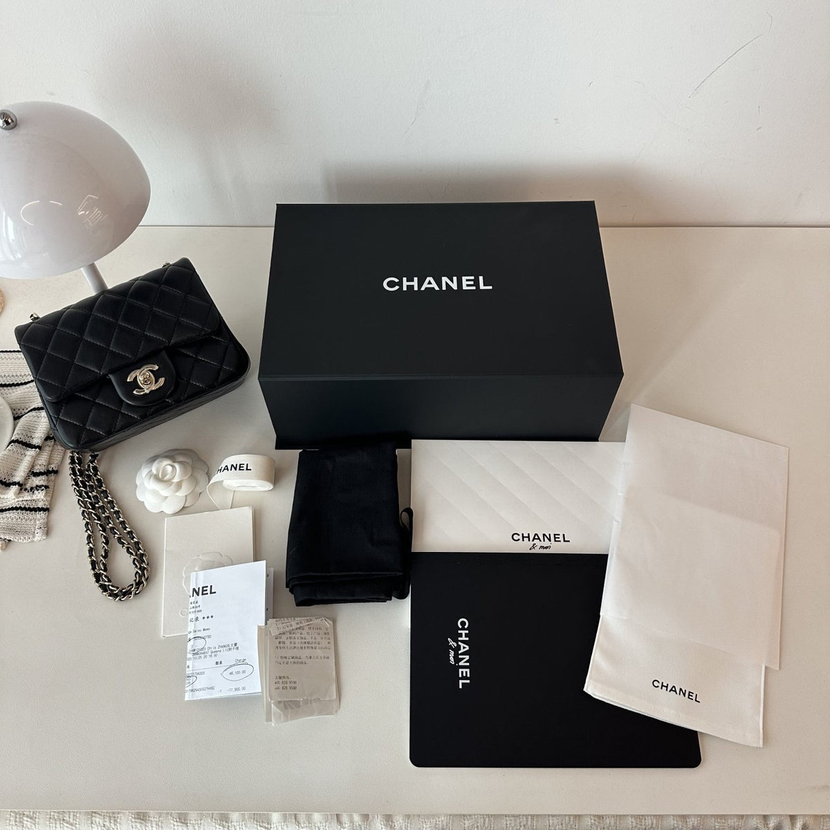 【Chanel】Chanel Black Mini Square Flap Bag with Pearl Crush Gold Ball, Gold-Tone Hardware-7215934