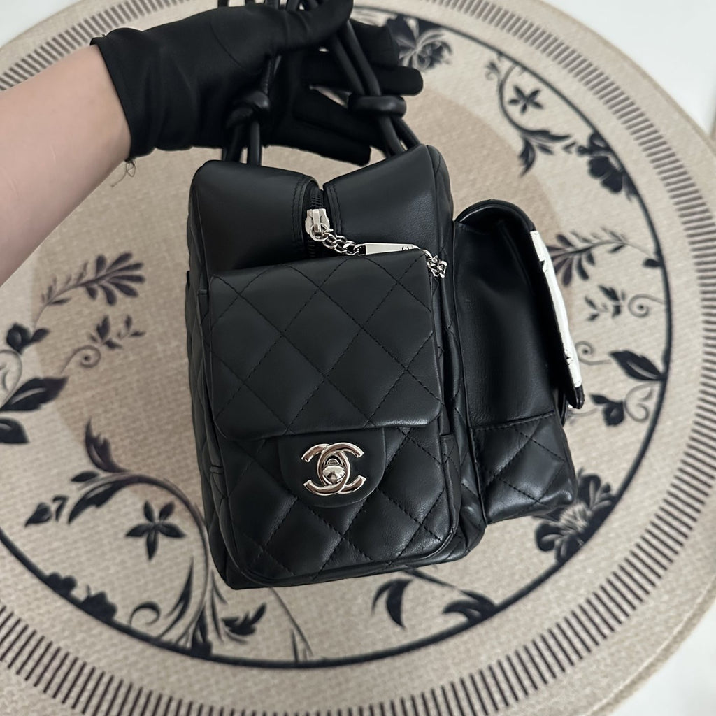 【Chanel】Chanel Black Cambon Line Moto Bowling Bag, Black Lambskin, Silver-Tone Hardware-7216084A