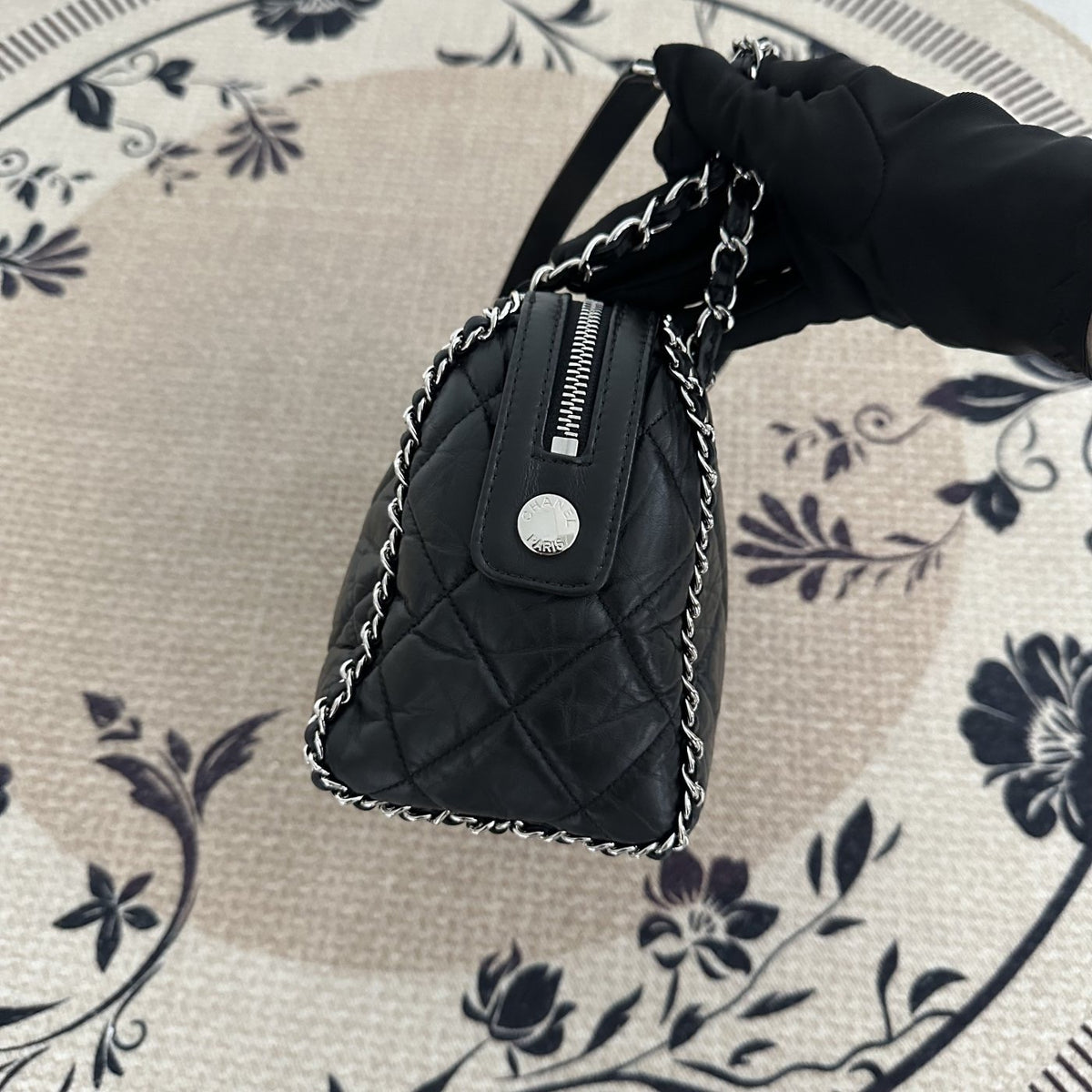 【Chanel】Chanel Black Caviar Bowling Bag with Contrast Piping, Silver-Tone Hardware-7216427