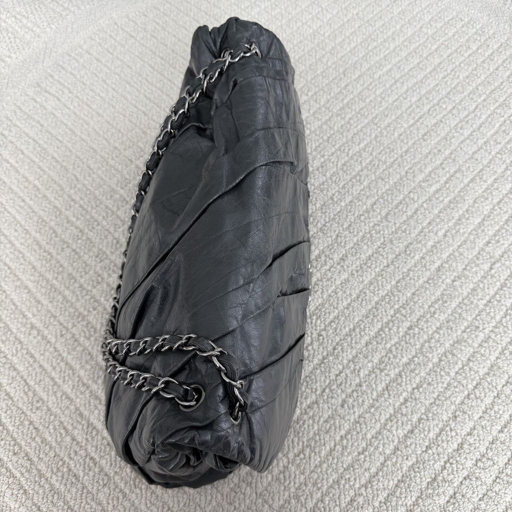 【Chanel】Chanel Grey Waxed Crumpled Calfskin Airlines Bag with Silver-Tone Hardware