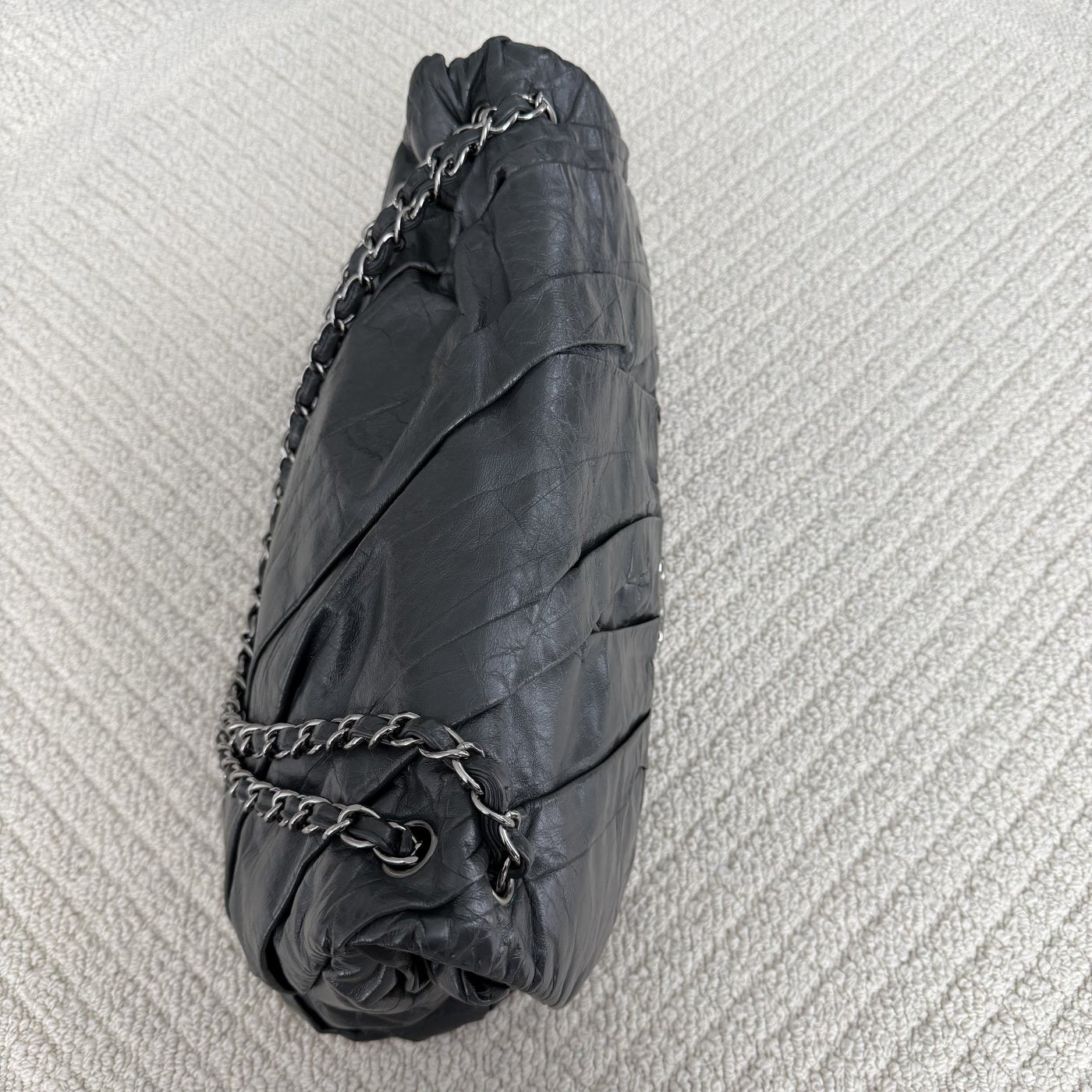 【Chanel】Chanel Grey Waxed Crumpled Calfskin Airlines Bag with Silver-Tone Hardware