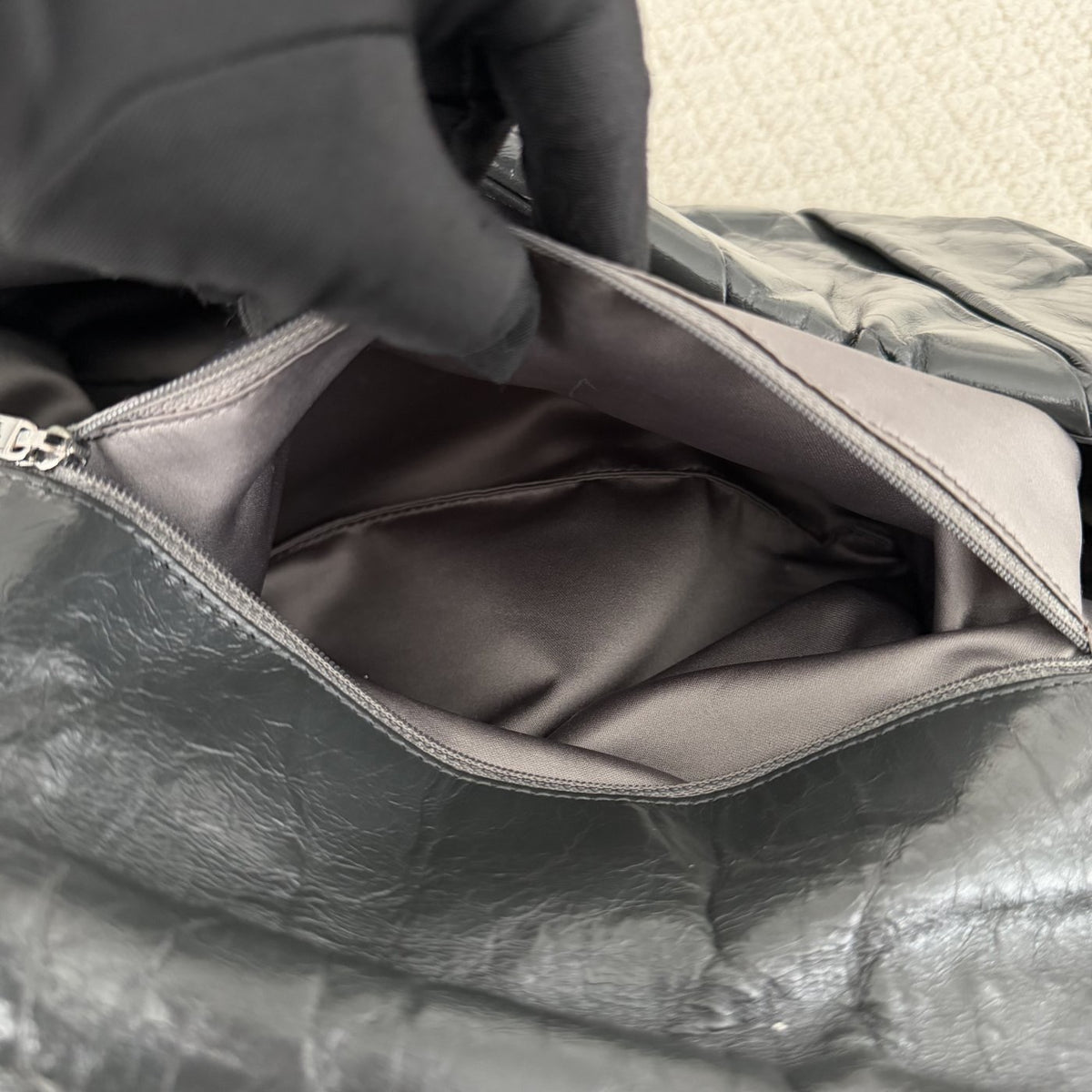 【Chanel】Chanel Grey Waxed Crumpled Calfskin Airlines Bag with Silver-Tone Hardware