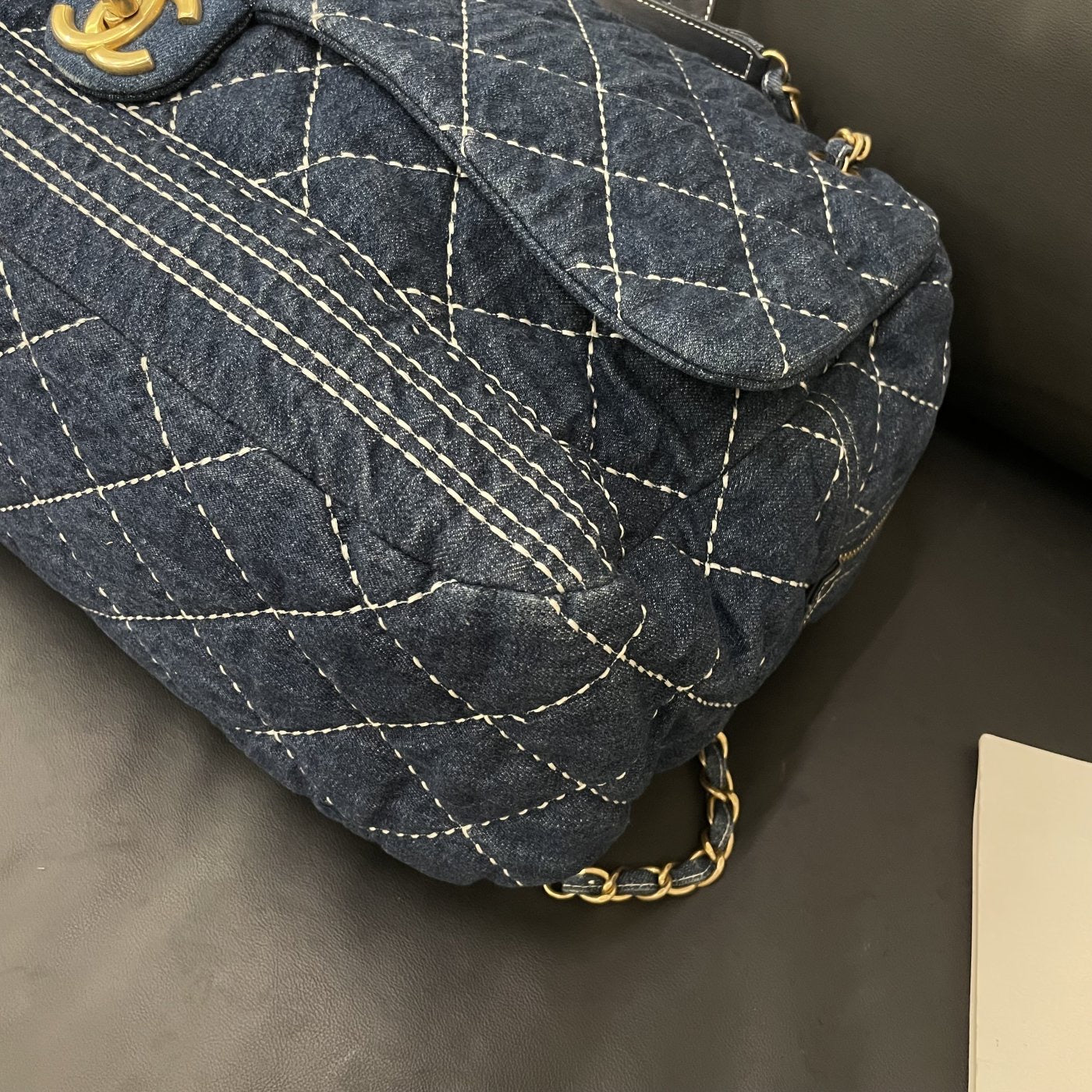 【Chanel】Chanel Blue Denim Bowling Bag with Contrast Exterior Stitching, Gold-Tone Hardware-7210053