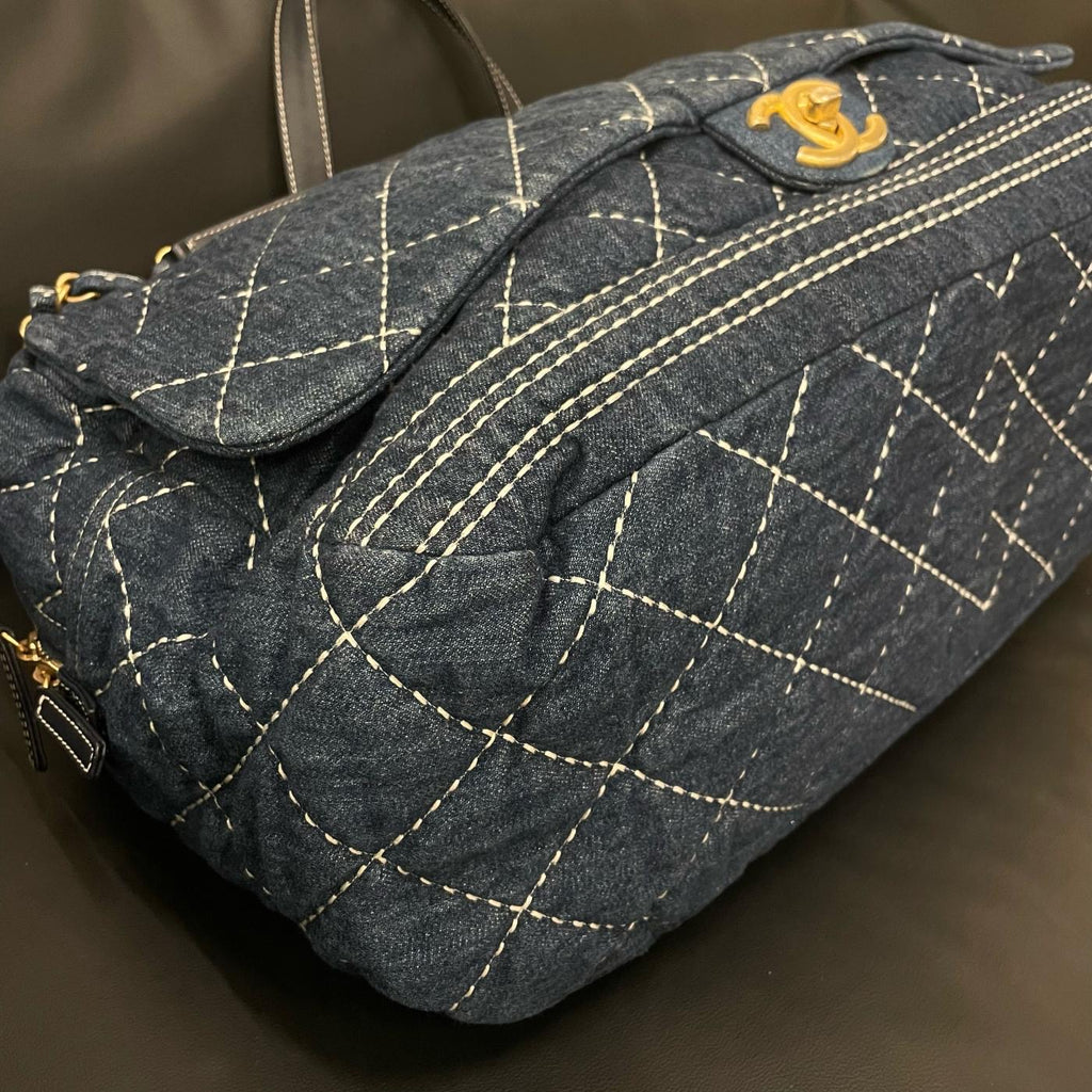 【Chanel】Chanel Blue Denim Bowling Bag with Contrast Exterior Stitching, Gold-Tone Hardware-7210053