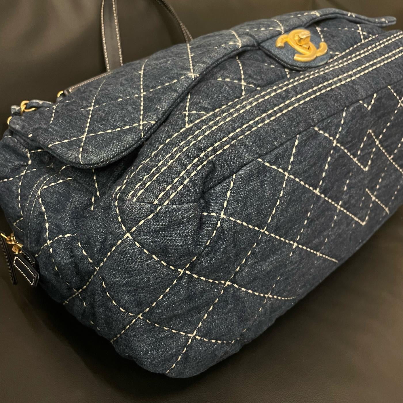 【Chanel】Chanel Blue Denim Bowling Bag with Contrast Exterior Stitching, Gold-Tone Hardware-7210053