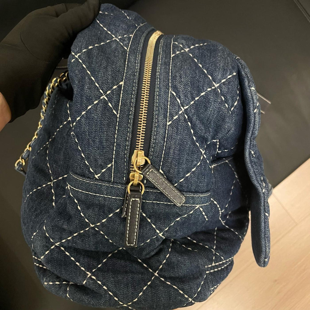 【Chanel】Chanel Blue Denim Bowling Bag with Contrast Exterior Stitching, Gold-Tone Hardware-7210053