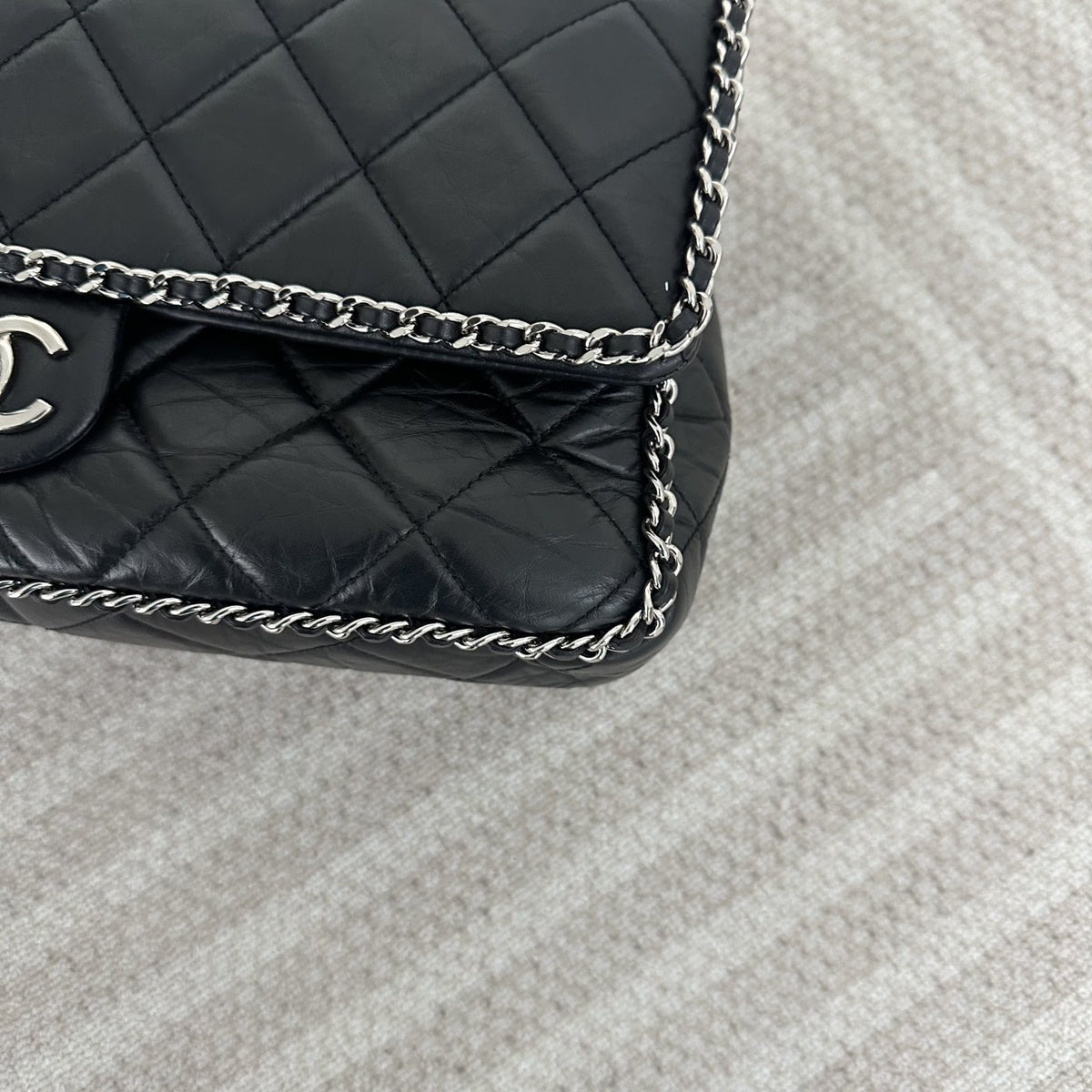 【Chanel】Chanel Border Trim Flap Bag Black Caviar with Silver-Tone Hardware
