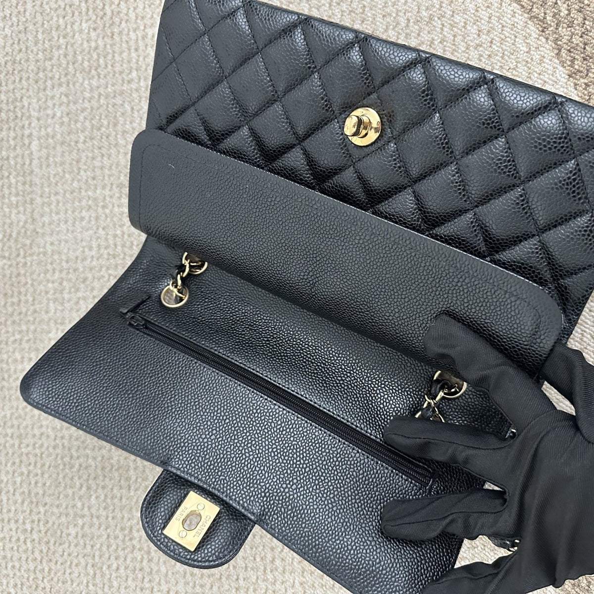【Chanel】Chanel Black Caviar Classic Double Flap Bag, Gold-Tone Hardware-7212231LD