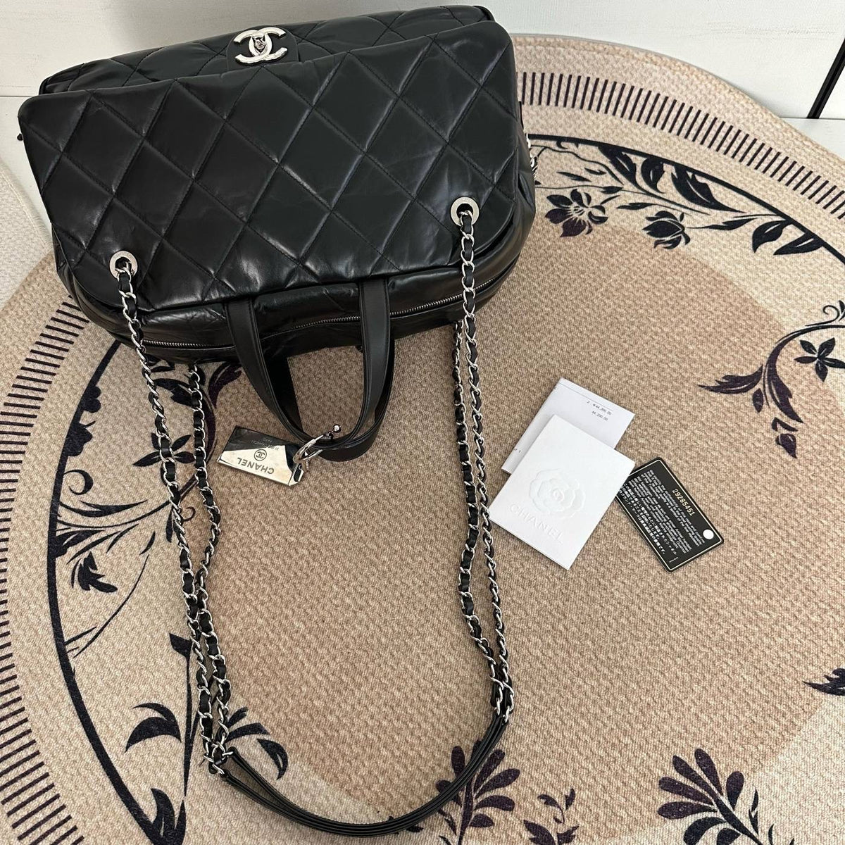【Chanel】Chanel Black Caviar Boston 2-Way Bag with Luggage Tag, Gold-Tone Hardware-7209668