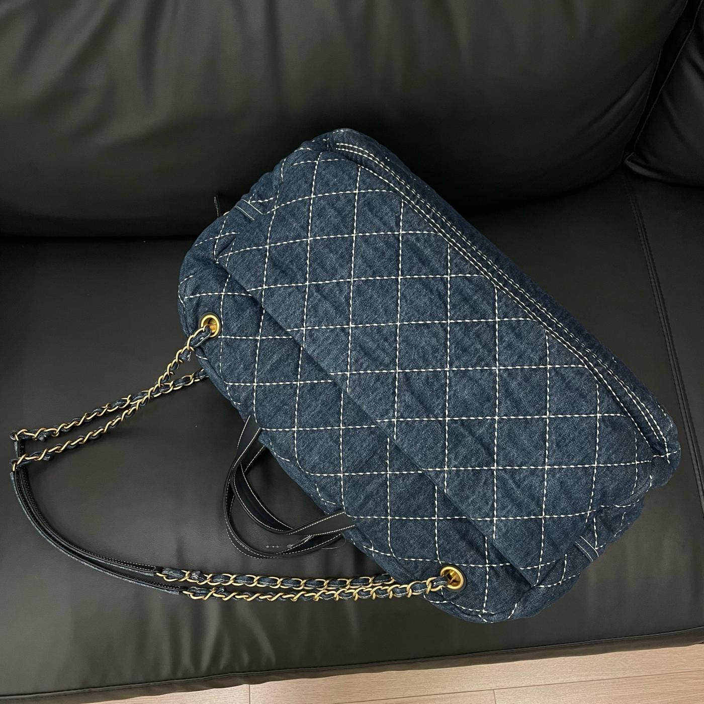 【Chanel】Chanel Blue Denim Bowling Bag with Contrast Exterior Stitching, Gold-Tone Hardware-7210053