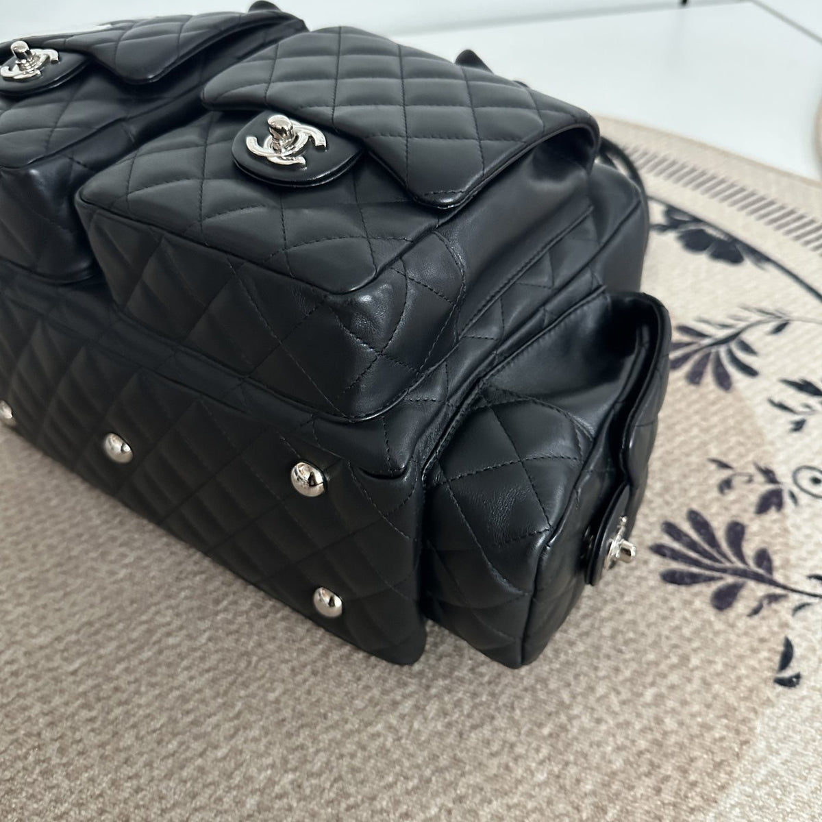 【Chanel】Chanel Black Cambon Line Moto Bowling Bag, Black Lambskin, Silver-Tone Hardware-7216084A