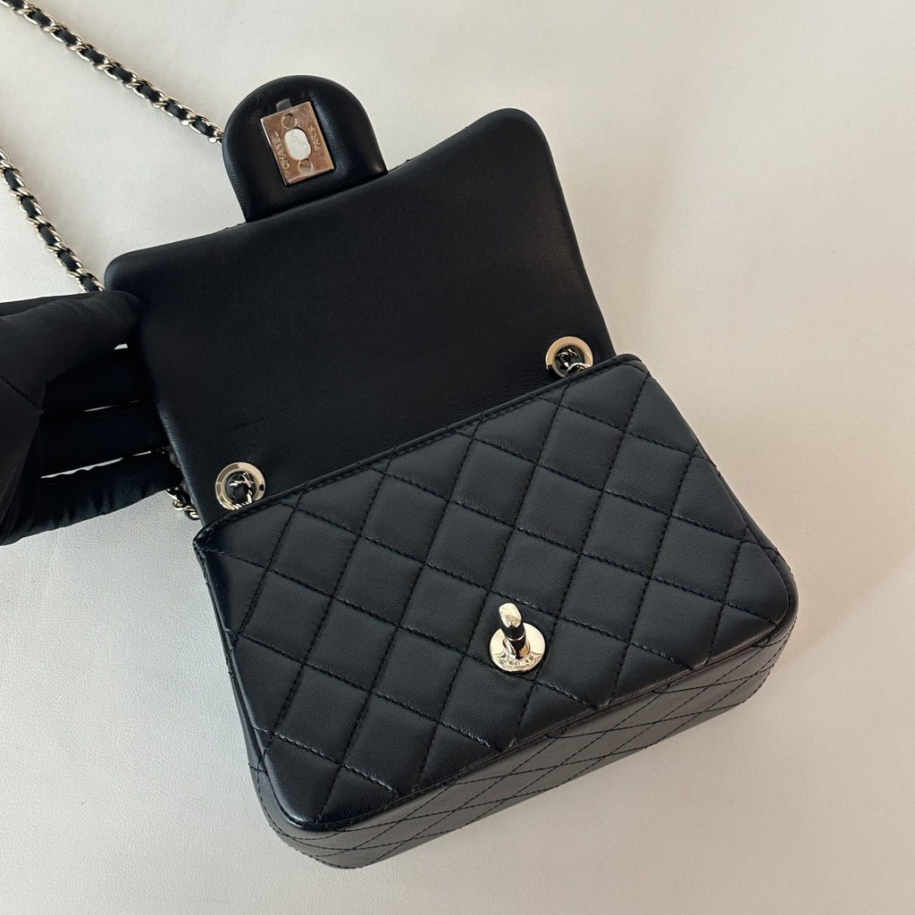 【Chanel】Chanel Black Mini Square Flap Bag with Pearl Crush Gold Ball, Gold-Tone Hardware-7215934