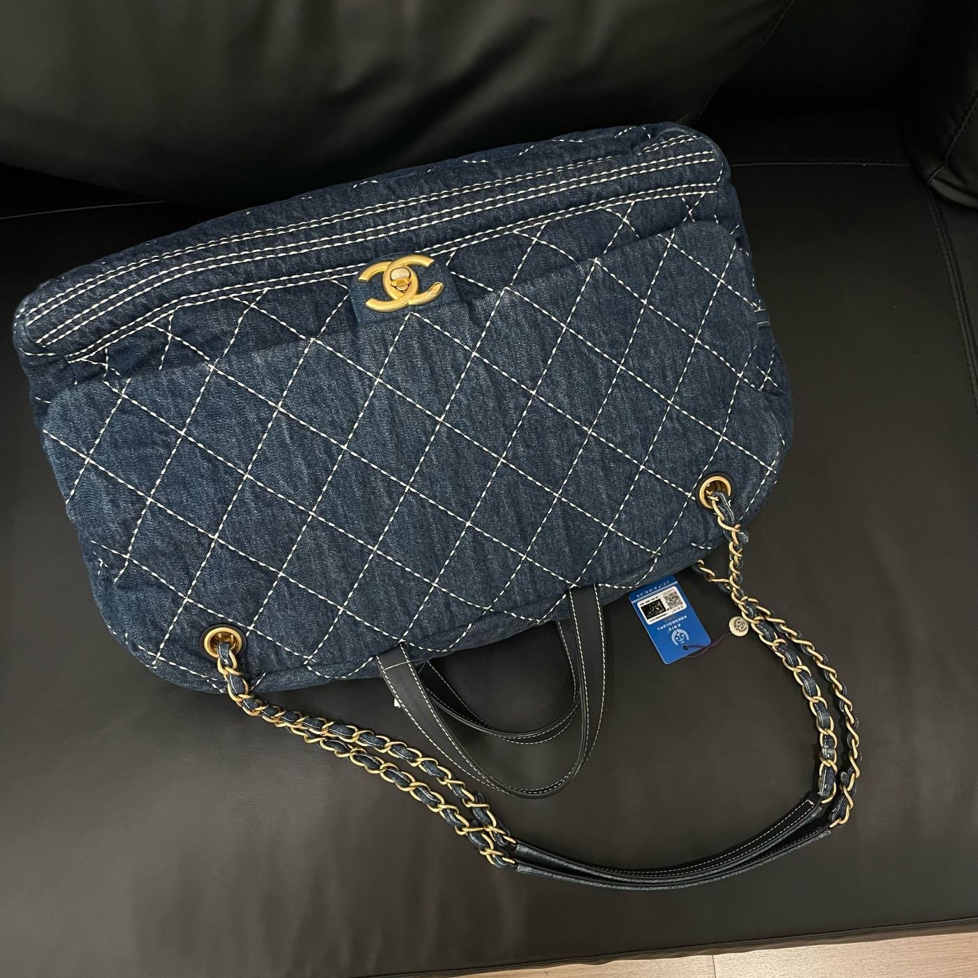 【Chanel】Chanel Blue Denim Bowling Bag with Contrast Exterior Stitching, Gold-Tone Hardware-7210053