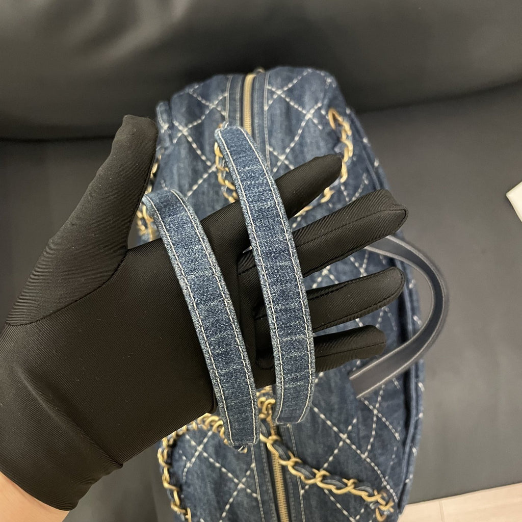 【Chanel】Chanel Blue Denim Bowling Bag with Contrast Exterior Stitching, Gold-Tone Hardware-7210053