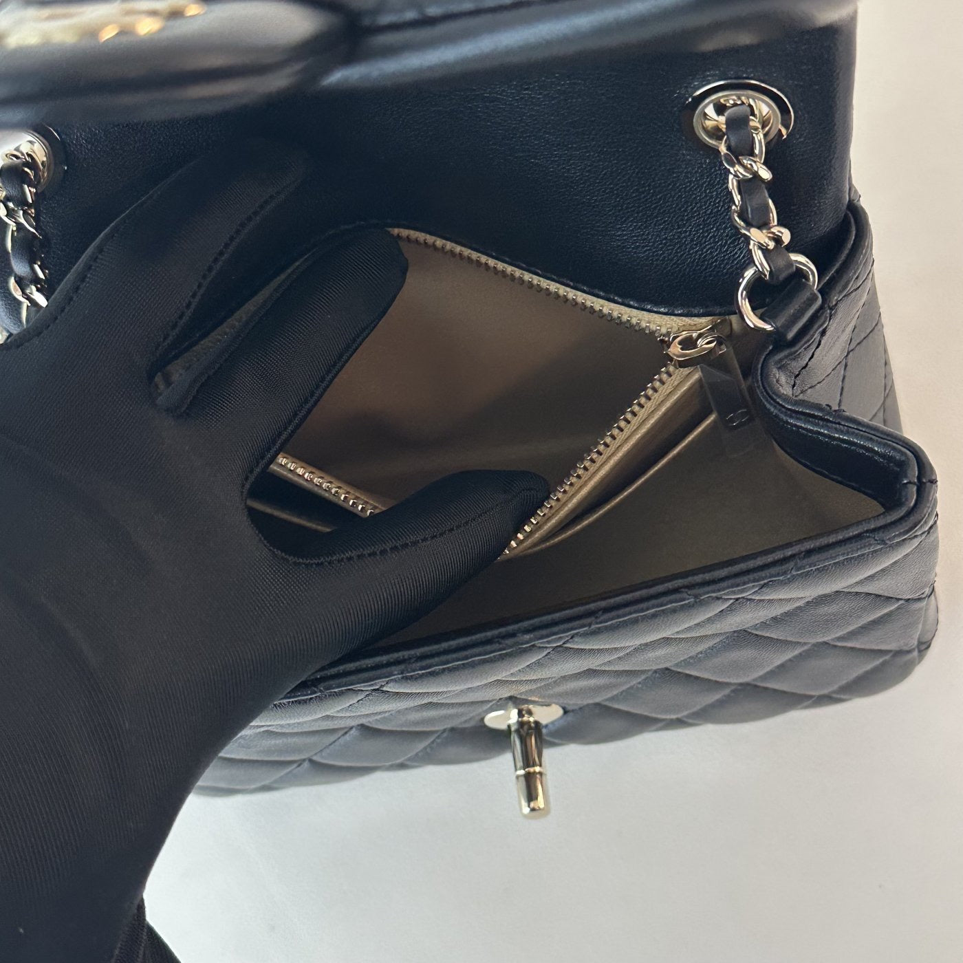 【Chanel】Chanel Black Mini Square Flap Bag with Pearl Crush Gold Ball, Gold-Tone Hardware-7215934