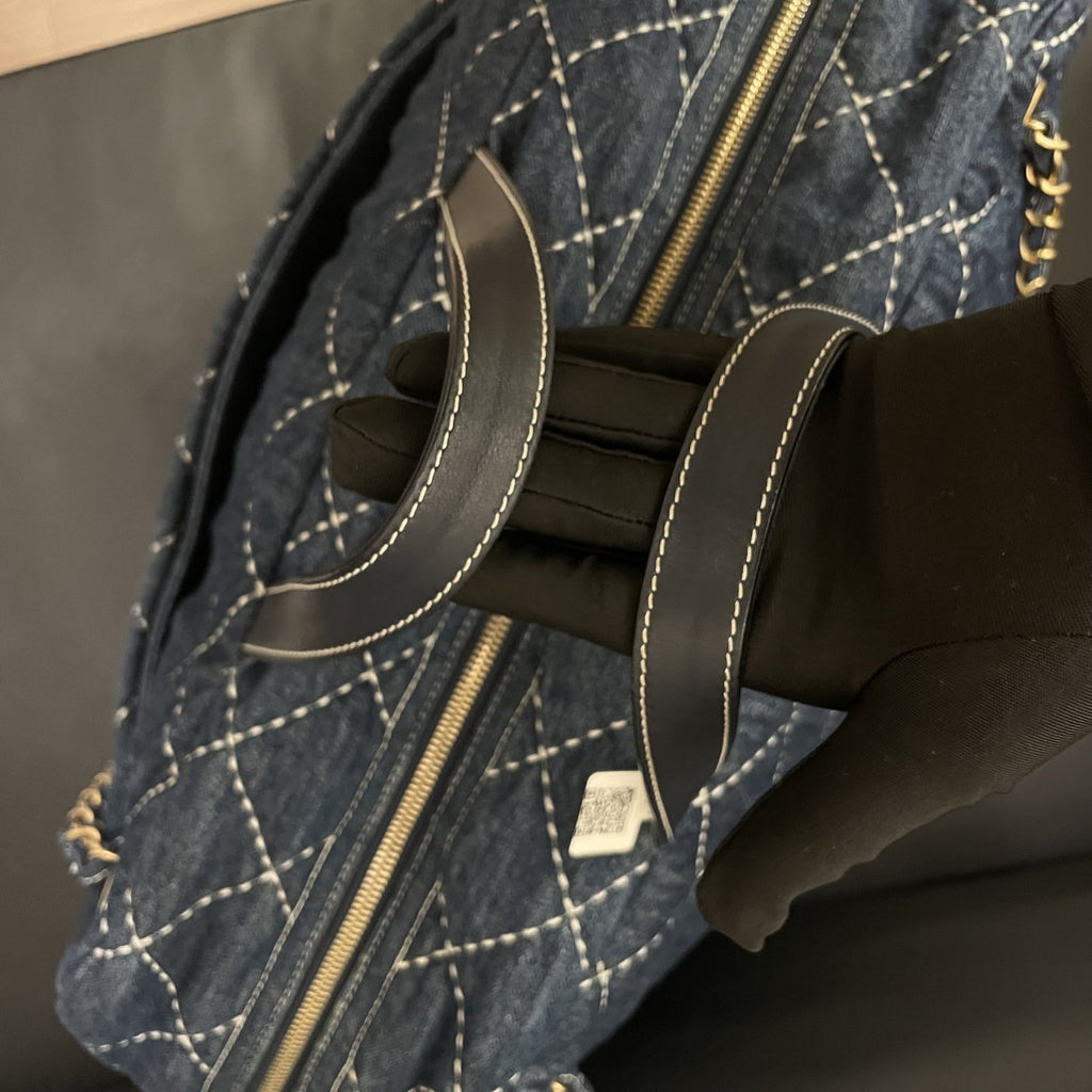 【Chanel】Chanel Blue Denim Bowling Bag with Contrast Exterior Stitching, Gold-Tone Hardware-7210053