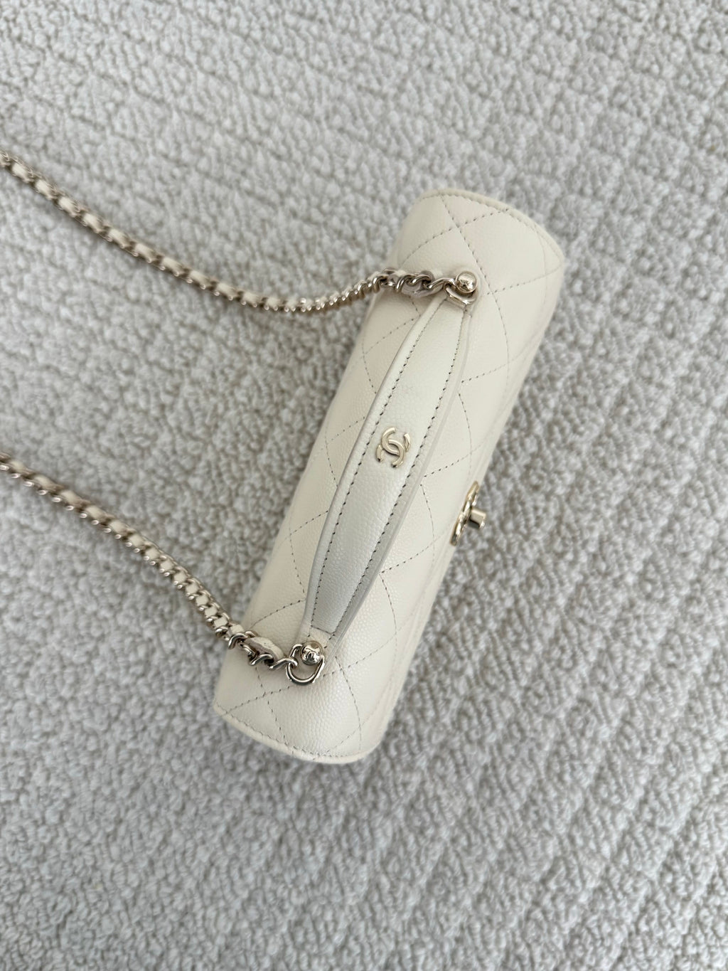 【Chanel】Chanel White Gold Caviar Leather Accordion Top Handle Bag