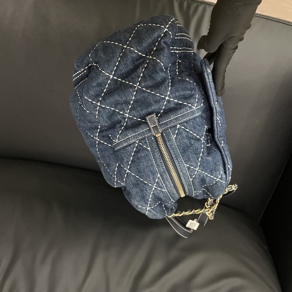 【Chanel】Chanel Blue Denim Bowling Bag with Contrast Exterior Stitching, Gold-Tone Hardware-7210053