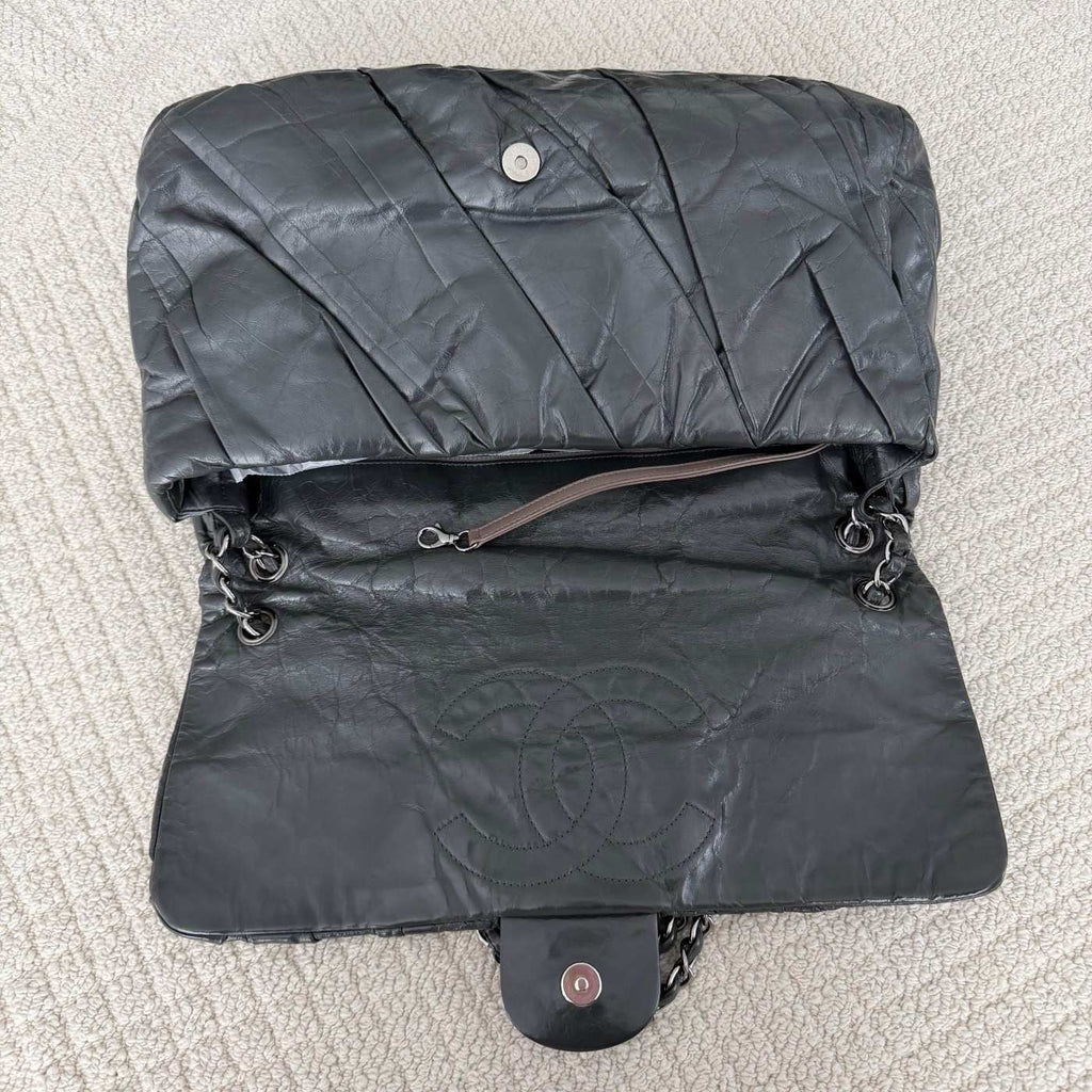 【Chanel】Chanel Grey Waxed Crumpled Calfskin Airlines Bag with Silver-Tone Hardware