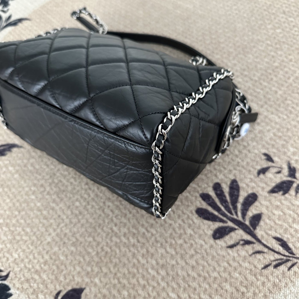 【Chanel】Chanel Black Caviar Bowling Bag with Contrast Piping, Silver-Tone Hardware-7216427
