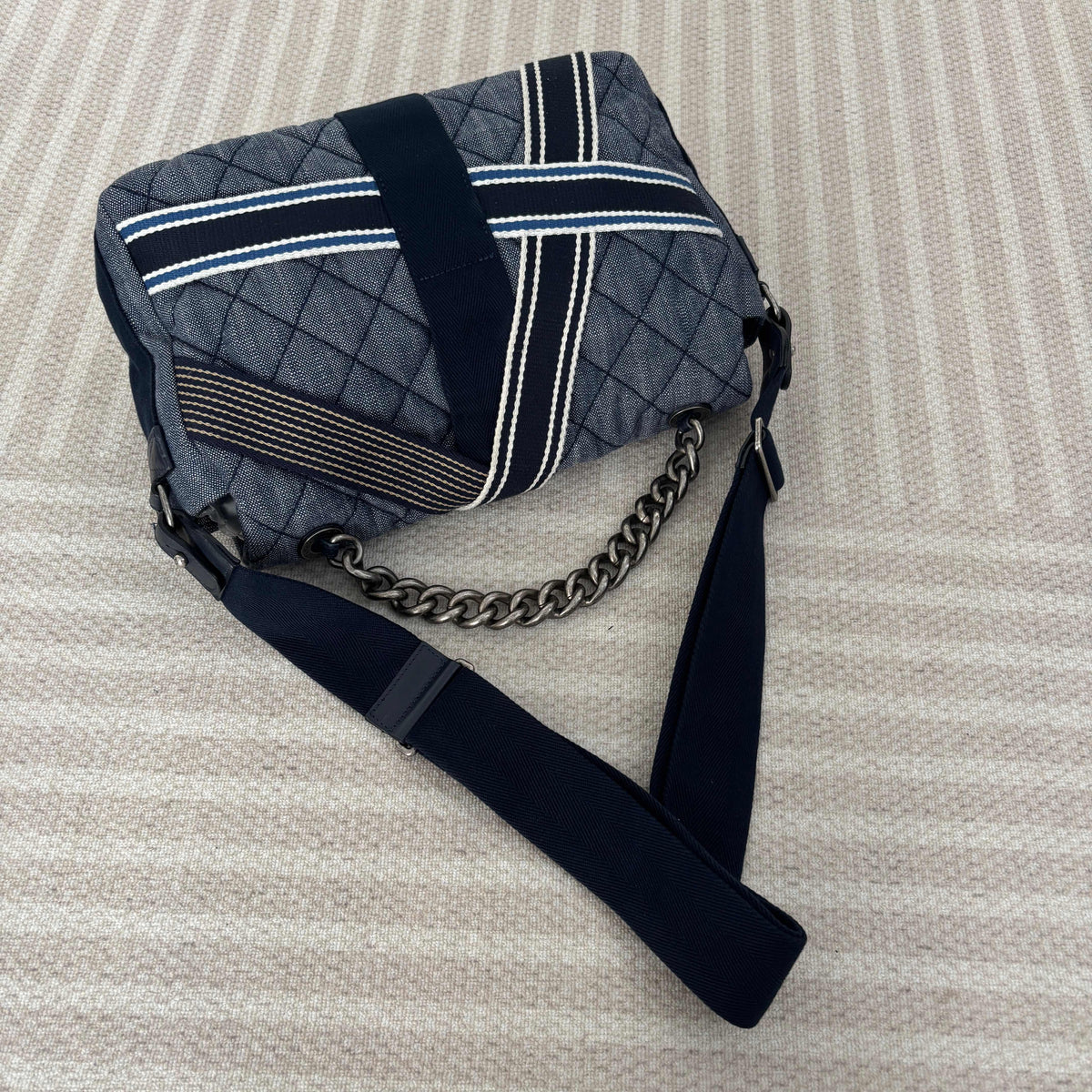 【Chanel】Chanel Blue Denim Tie Messenger Bag with Silver-Tone Hardware