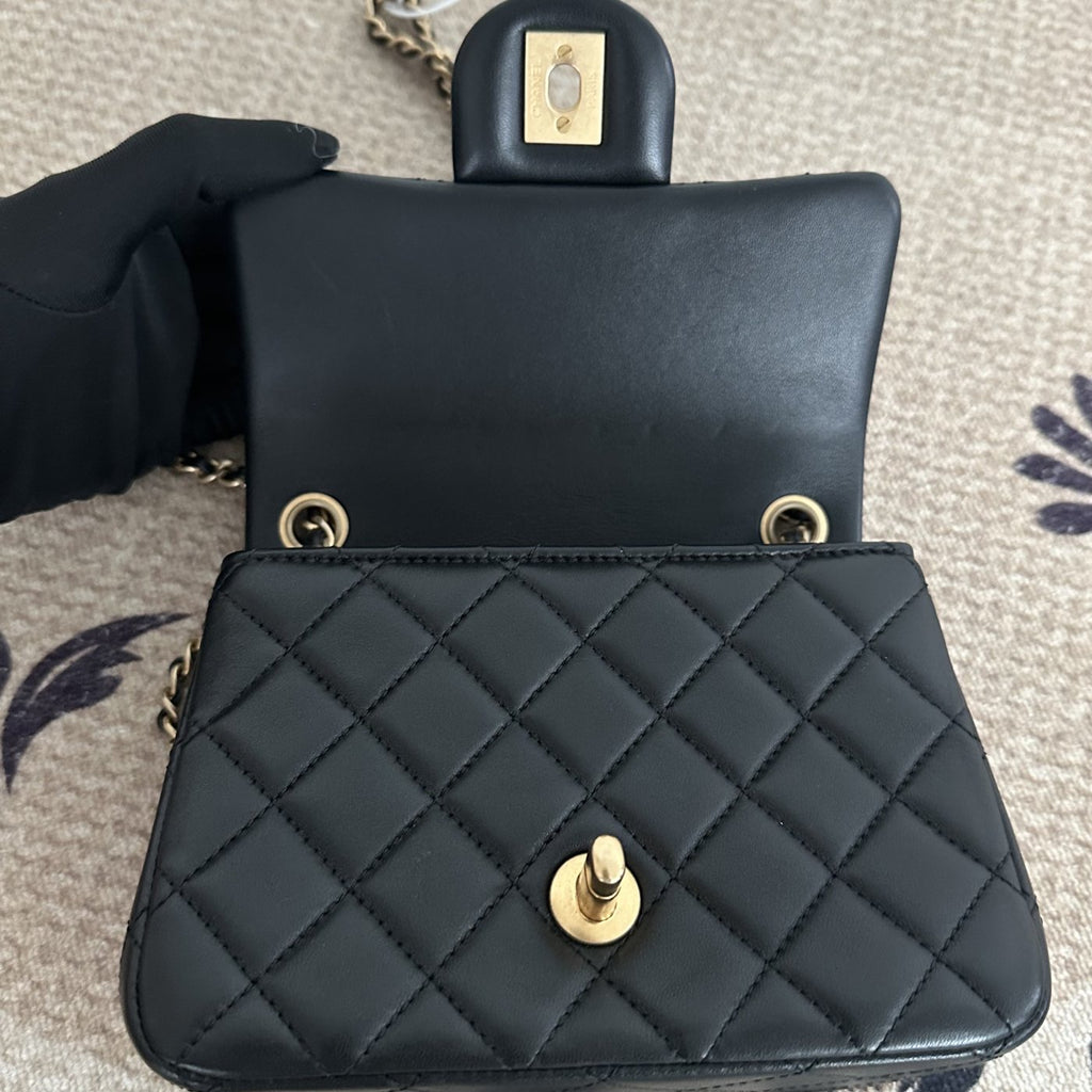 【Chanel】Chanel Black Gold Lambskin Square Mini with Ball, Chip Version