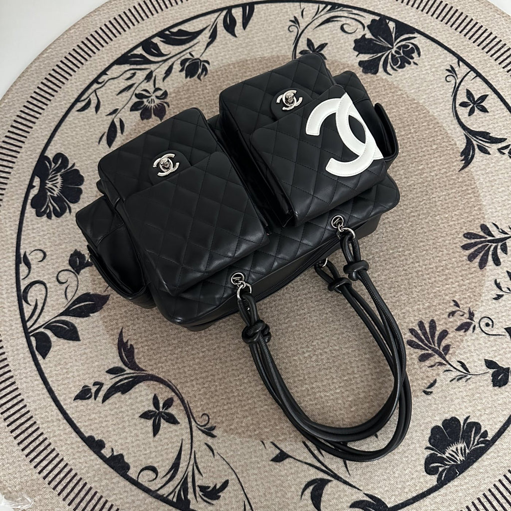 【Chanel】Chanel Black Cambon Line Moto Bowling Bag, Black Lambskin, Silver-Tone Hardware-7216084A