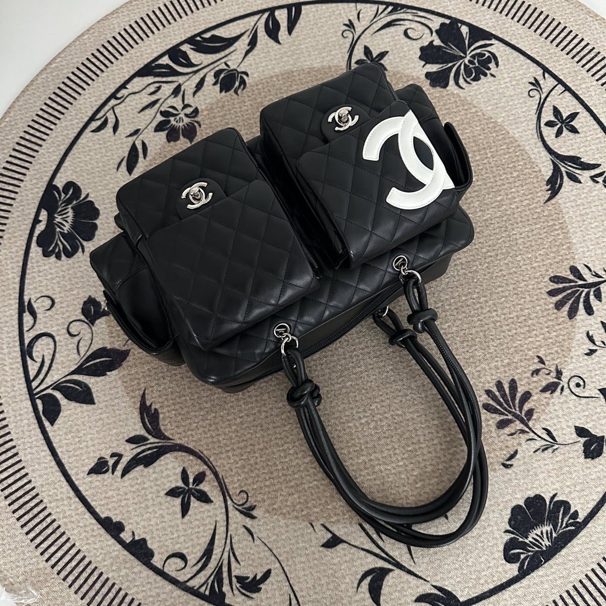 【Chanel】Chanel Black Cambon Line Moto Bowling Bag, Black Lambskin, Silver-Tone Hardware-7216084A