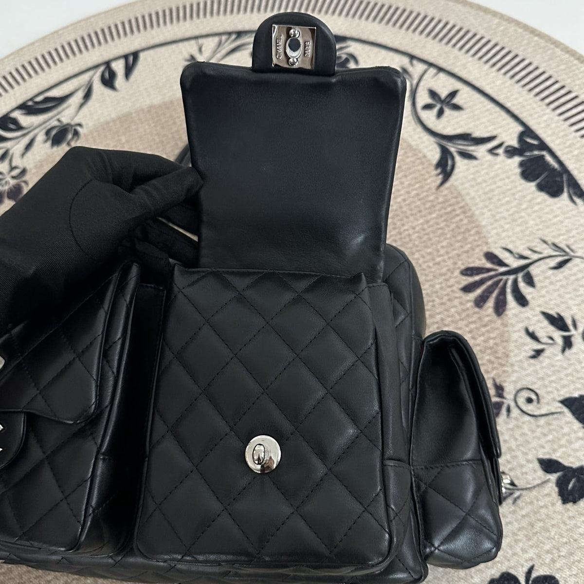 【Chanel】Chanel Black Cambon Line Moto Bowling Bag, Black Lambskin, Silver-Tone Hardware-7216084A