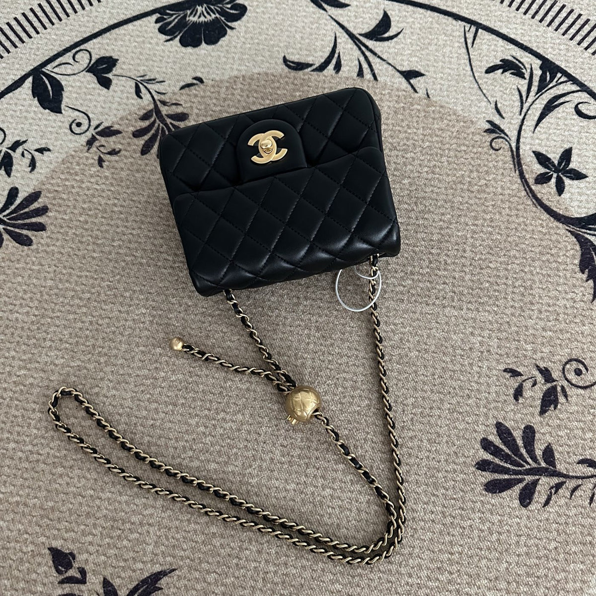 【Chanel】Chanel Black Gold Lambskin Square Mini with Ball, Chip Version