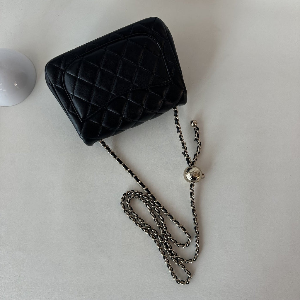 【Chanel】Chanel Black Mini Square Flap Bag with Pearl Crush Gold Ball, Gold-Tone Hardware-7215934