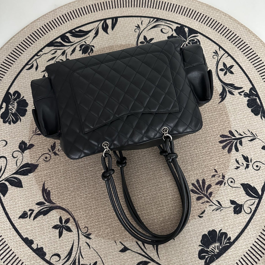 【Chanel】Chanel Black Cambon Line Moto Bowling Bag, Black Lambskin, Silver-Tone Hardware-7216084A